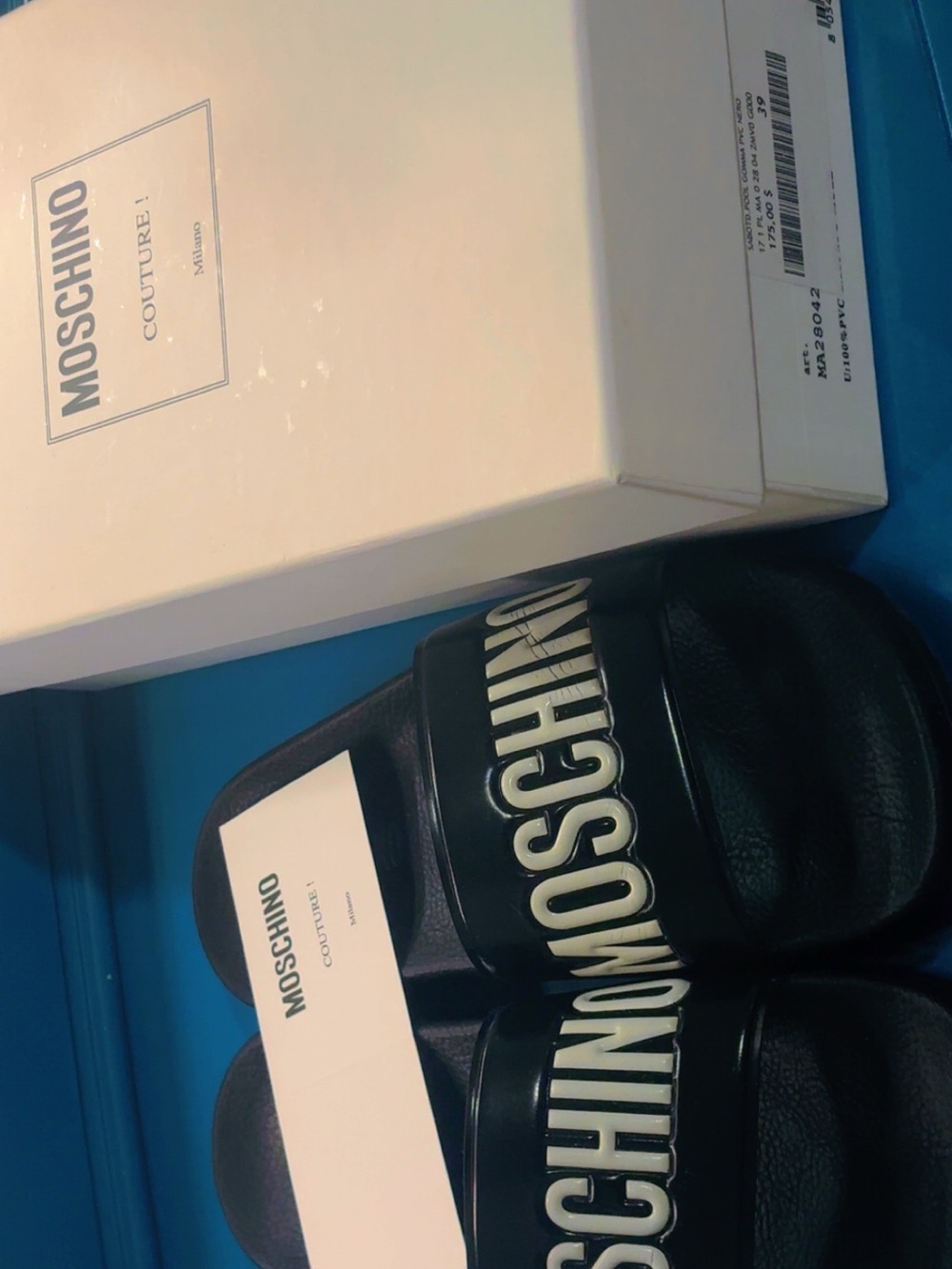 Essentials Black Slide Sandals with White Logo
